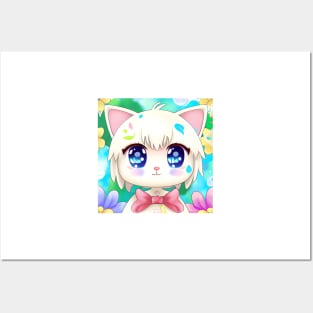 Anime Kawai White Kitten With a Bow Posters and Art